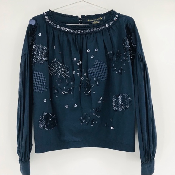 Pankaj & Nidhi Long Sleeve Beaded Sequin Blouse Navy Size Medium - Picture 1 of 8